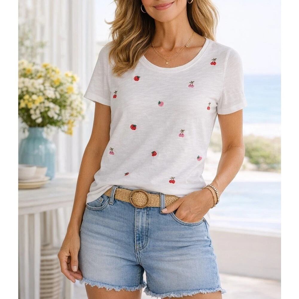 Talbots T shirt Womens sz 3X White all over print embroidered Berries NWT